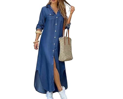 Kuraki Women's Casual Print Button Front Maxi Shirt Dress