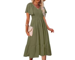 MEROKEETY Women's Summer Casual V Neck Ruffle Sleeve Smocked MEROKEETY Women's Summer Casual V Neck Ruffle Sleeve Smocked