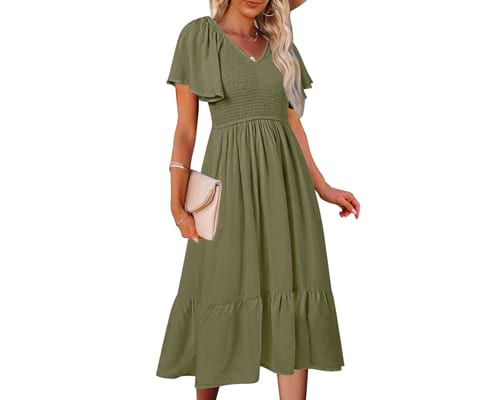 MEROKEETY Women's Summer Casual V Neck Ruffle Sleeve Smocked MEROKEETY Women's Summer Casual V Neck Ruffle Sleeve Smocked